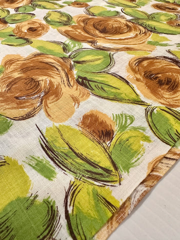 Vintage Fabric 1960s Large Brown & Green Floral on White Cotton 88cm Wide