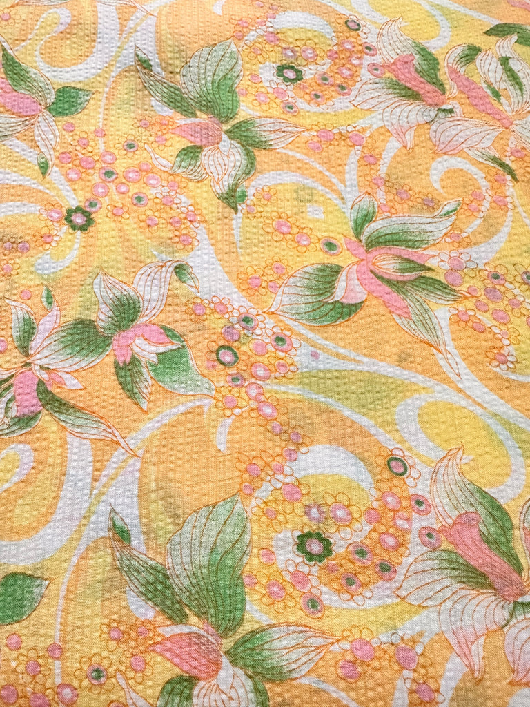 Vintage Fabric 1960s 70s Pacifica Psychedelic Yellow Tropical Cotton Plisse 88cm Wide