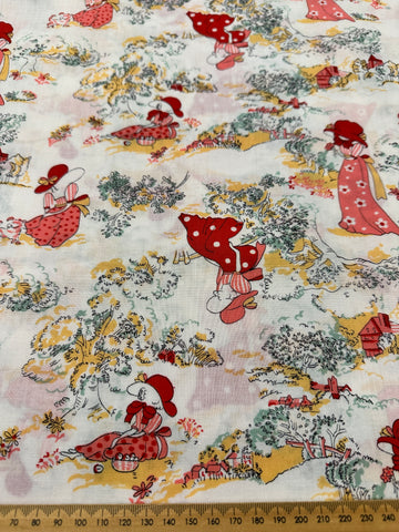 Vintage Fabric Novelty Cotton w/ Lady in Pink 70s 88cm Wide