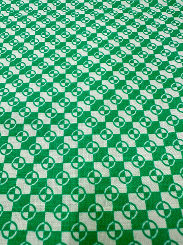 Vintage Fabric 1950s 60s Art Deco Green Circles Squares Cotton 88cm Wide