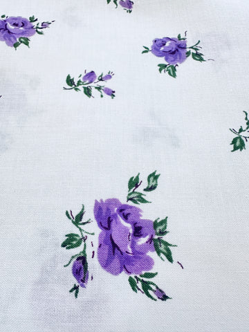 PILLOW CASE Vintage Fabric Purple Green Roses on White Crispy Cotton 65cm x 42cm