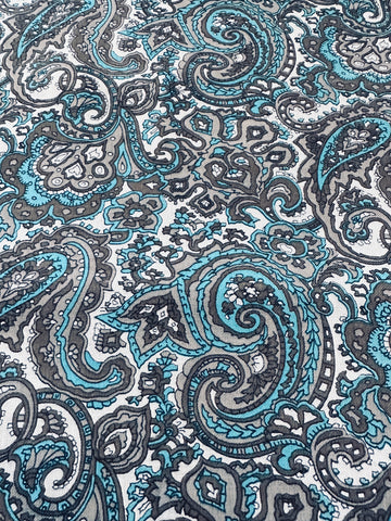 Vintage Fabric 1970s? Soft Viyella w/ Striking Blue Paisley on Pale Grey 90cm Wide