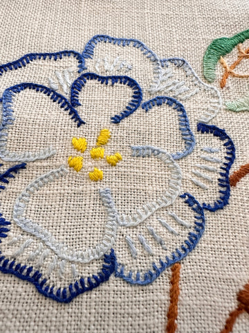 Vintage Hand Worked Embroidered Doily Blue Flower w/ Crocheted Edge 20cm x 20cm