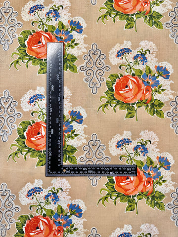 FAT QUARTER Vintage Fabric 1950s Flowers on Tan Cotton Cretonne 43cm x 50cm