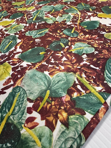 Vintage Fabric 1960s Wow! Anthurium Flowers & Brown Leaves Polished Cotton 88cm Wide
