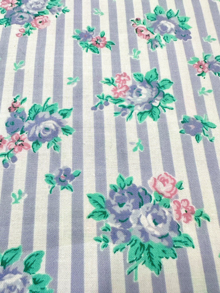 LAST PIECE Vintage Fabric 1980s? Classic Flowers & Stripe Cotton 82cm x 50cm