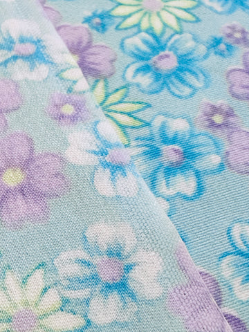 Vintage Fabric 1960s Bright Lavender & Blue Floral on Sky Blue Cotton 86cm Wide