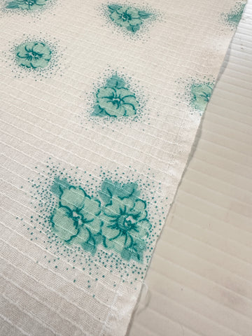 Vintage Fabric 70s Cotton Fancy Window Pane Weave Aqua Flowers 108cm Wide