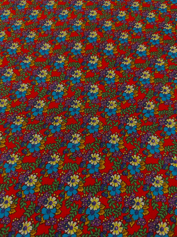 Vintage Fabric 1970s Bright Flowers on Dark Red Cotton 88cm Wide
