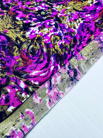 LAST PIECE Vintage Fabric 1970s Purple White Flowing Floral on Olive Brown Silk Blend 112cm x 50cm