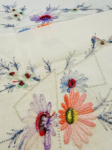Vintage Tablecloth Centrepiece Embroidered Bright Flowers on Pale Lemon 70s? 46cm x 44cm