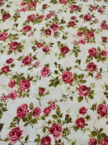 LAST PIECE Modern Fabric Quilt Cotton Pink Flowers on Pale Blue 108cm x 50cm