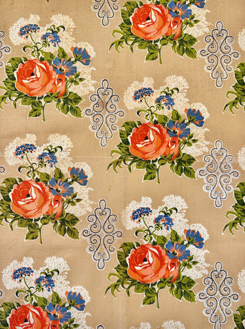 FAT QUARTER Vintage Fabric 1950s Flowers on Tan Cotton Cretonne 43cm x 50cm *marks
