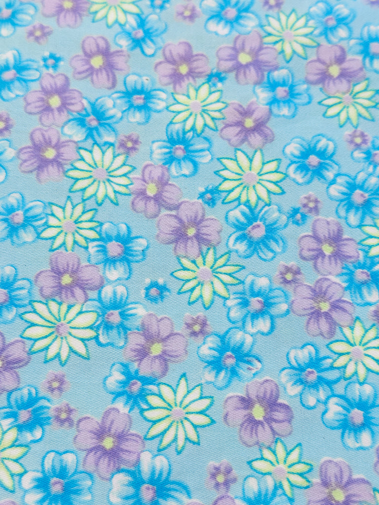 Vintage Fabric 1960s Bright Lavender & Blue Floral on Sky Blue Cotton 86cm Wide