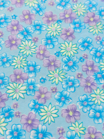 Vintage Fabric 1960s Bright Lavender & Blue Floral on Sky Blue Cotton 86cm Wide
