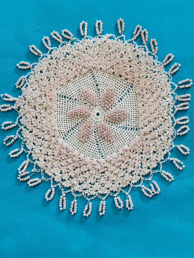 Vintage Crochet Milk Jug Cover w/ Glass? Beads Doily 16cm Diameter
