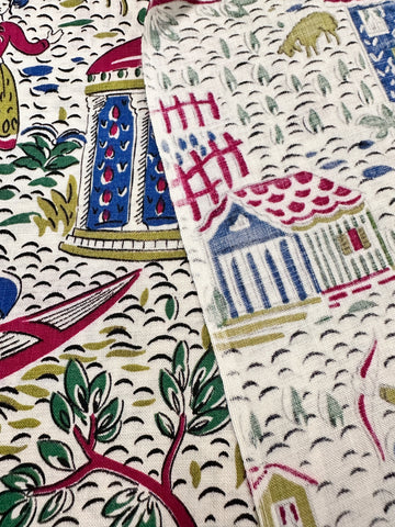 Vintage Fabric 40s 50s Folk Art Landscape Dress Cotton 88cm Wide