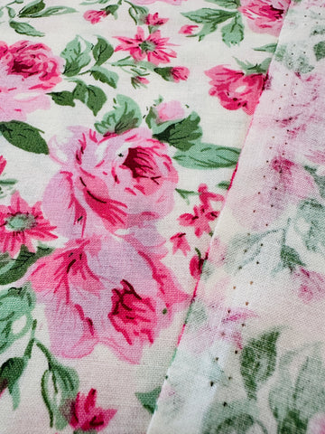 LAST PIECE Modern? Fabric Quilt Cotton Bright Pink Flower Mint Leaves 112cm x 50cm