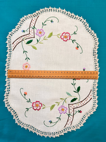Vintage Hand Worked Large Embroidered Doily Centrepiece Upcycle 45cm x 33cm