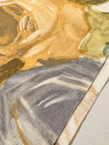 LAST PIECE Vintage Fabric 1960s Painterly Grey Roses Leaves Cotton 88cm x 50cm