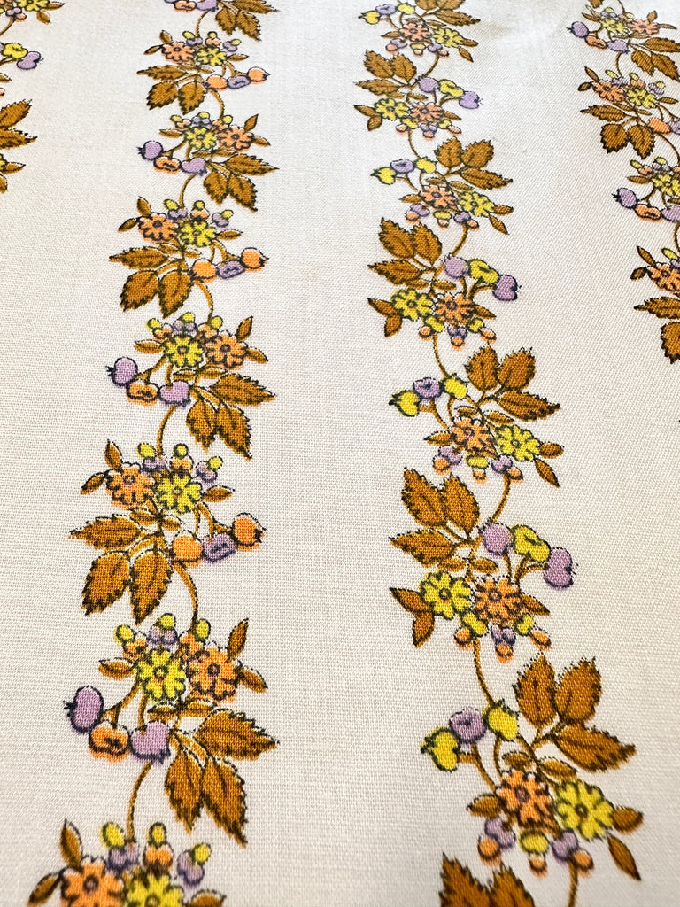 Vintage Fabric 1970s Boho Hippie Small Flowers Fruit on White Cotton 88cm Wide