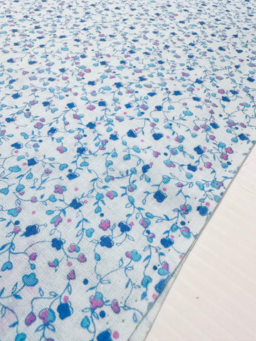 Vintage Fabric 60s 70s Tiny Blue Pink Minimalist Flowers on Pale Blue Cotton 88cm Wide