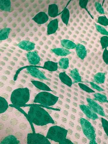 Vintage Fabric 1960s Emerald Green Leaves on Pink White Cotton w/ Embroidered Spot 88cm Wide