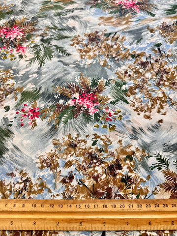 FAT QUARTER Vintage Fabric 1950s Pink Flowers on Painterly Grey Green Crispy Cotton 44cm x 50cm