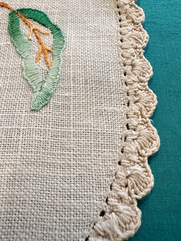 Vintage Hand Worked Embroidered Doily Blue Flower w/ Crocheted Edge 20cm x 20cm