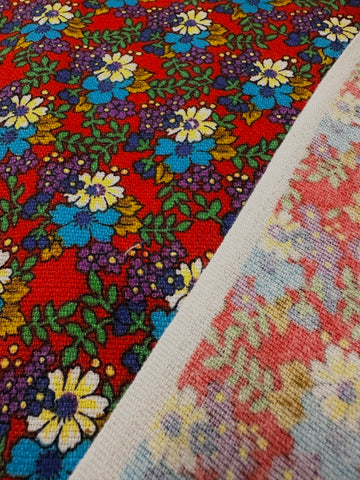 Vintage Fabric 1970s Bright Flowers on Dark Red Cotton 88cm Wide