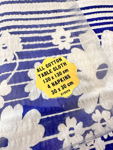 Vintage Tablecloth Crispy Unused Cotton Seersucker 1970s Blue & White 136cm x 122cm