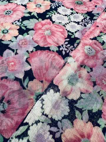 Vintage Fabric 80s 90s? Cotton Voile w/ Pink Country Floral on Black