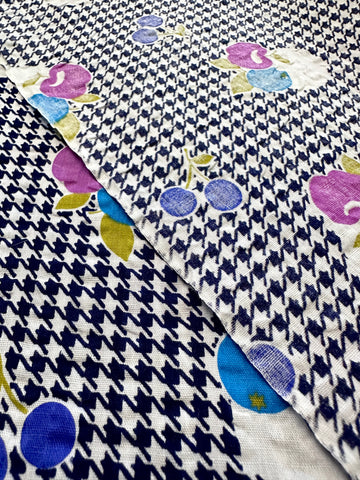 Vintage Fabric 1960s 70s Cherries Apples on Navy Houndstooth Cotton Seersucker 88cm Wide