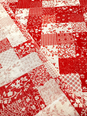 Vintage Fabric 1980s Faux Patchwork Red & White Squares 88cm Wide