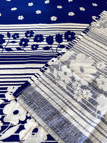Vintage Tablecloth Crispy Unused Cotton Seersucker 1970s Blue & White 136cm x 122cm