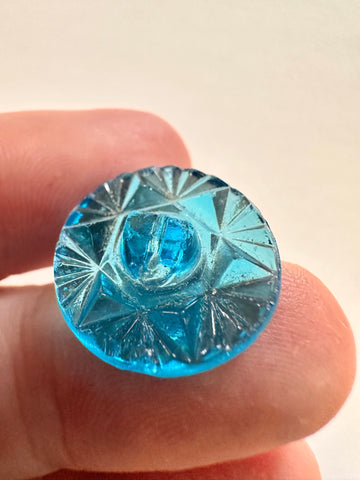 Vintage Button 1950s? Cut Glass in Teal Blue w/ Shank 18mm