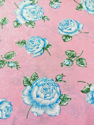 Vintage Fabric Embossed Cotton 60s Pale Blue Base & Blue Flowers 88cm Wide