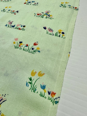 Vintage Fabric 1960s Boho Meadow Retro Tulips on Mint Green Cotton 88cm Wide