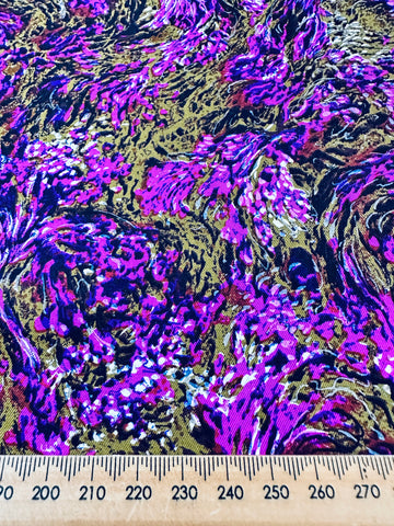LAST PIECE Vintage Fabric 1970s Purple White Flowing Floral on Olive Brown Silk Blend 112cm x 50cm