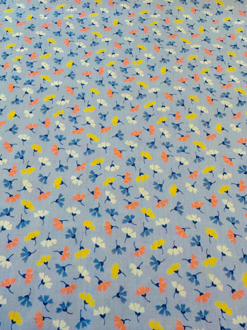 Vintage Fabric 1980s Sky Blue Cotton w/ Simple Flowers 88cm Wide