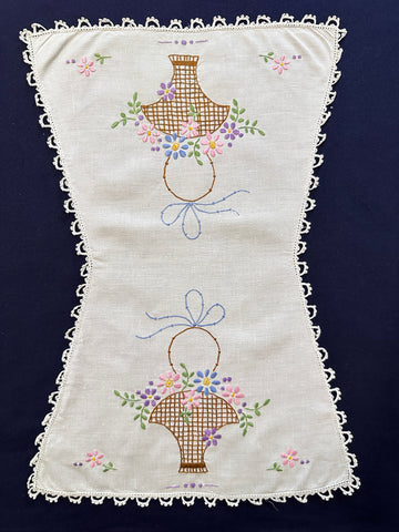 Vintage Hand Worked Embroidered Centrepiece Doily Flowers in Brown Basket w Bow 47cm x 32cm