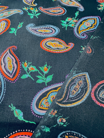 Vintage Fabric 1980s Cotton Poplin w/ Small Paisleys on Black 110cm Wide