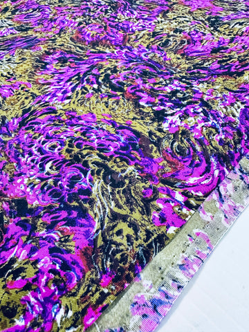 LAST PIECE Vintage Fabric 1970s Purple White Flowing Floral on Olive Brown Silk Blend 112cm x 50cm