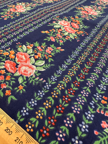 Vintage Fabric 1970s Navy Blue Cotton w/ Repeating Pink Flowers 88cm Wide