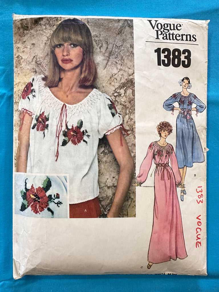DRESS OR TOP WITH TRANSFER FOR EMBROIDERY: Vogue 3-Piece Sewing Pattern 1976 Size Medium Missing 1 x Instruction *1383