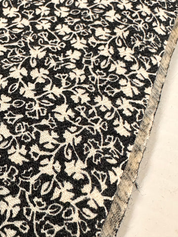 REMNANT Vintage Fabric 1970s? 80s? Light Weight Soft Cotton w/ Tiny White Leaves on Black 55cm x 33cm