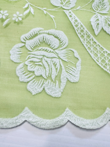 Vintage Fabric 1960s Rare Border Print Flocked Flowers Scalloped Edge Green Nylon 106cm Wide