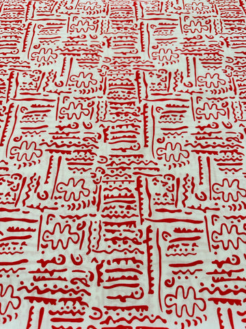 Vintage Fabric 1980s Red Squiggle on White Cotton Blend 112cm Wide