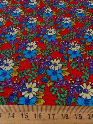 Vintage Fabric 1970s Bright Flowers on Dark Red Cotton 88cm Wide