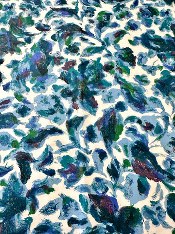 LAST PIECE Vintage Fabric 1960s? Rich Blues Greens Painterly Foliage Cotton 88cm x 50cm